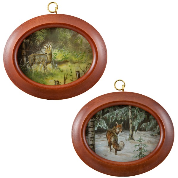2 Miniatur-Rahmen mit Malereien Bildgröße 7x9 cm Reh u. Fuchs