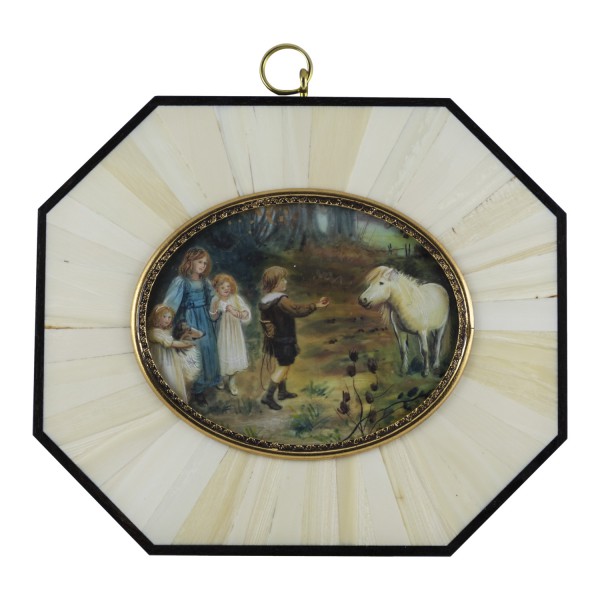 Miniatur-Rahmen mit Malerei Bildgröße 7x9 cm Außenmaß 14x12 cm Die Anlockung