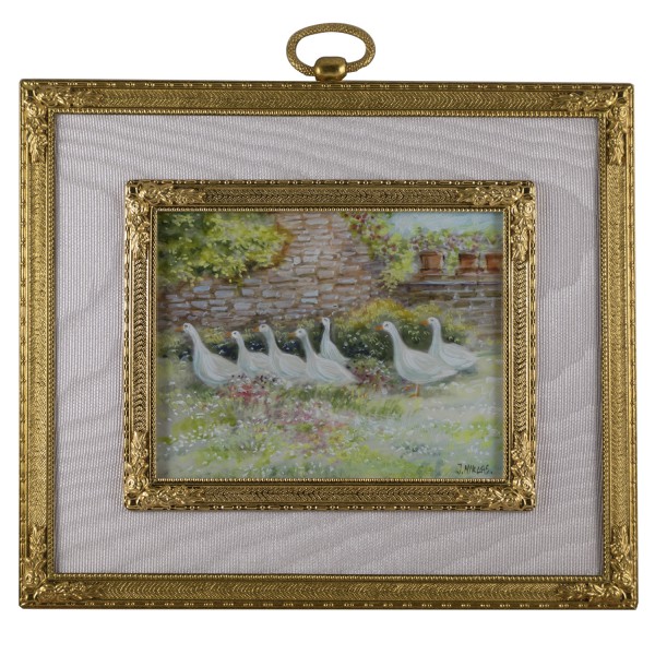 Miniatur-Rahmen mit Malerei Bildgröße 7x9 außen 14x12 cm Gänse