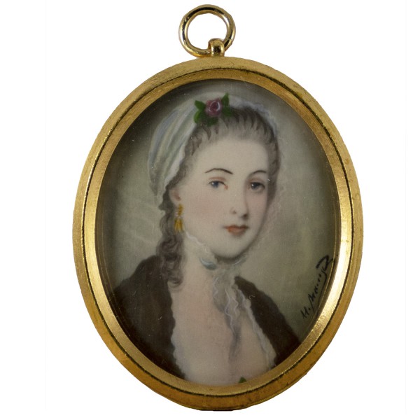 Miniatur-Rahmen mit Malerei Bildgröße 4x5 cm Biedermeier Dame