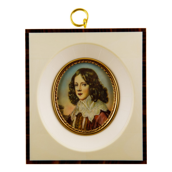 Elfenbein-Miniatur mit Antiquitäten Nachweis Bildgröße 5x6 cm außen 10,5x12 cm außen