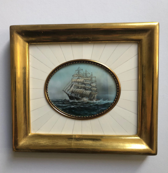 Vergolder-Rahmen mit Mammut Elfenbein Miniatur Bildmaß 7x9 cm außen 16x19 cm
