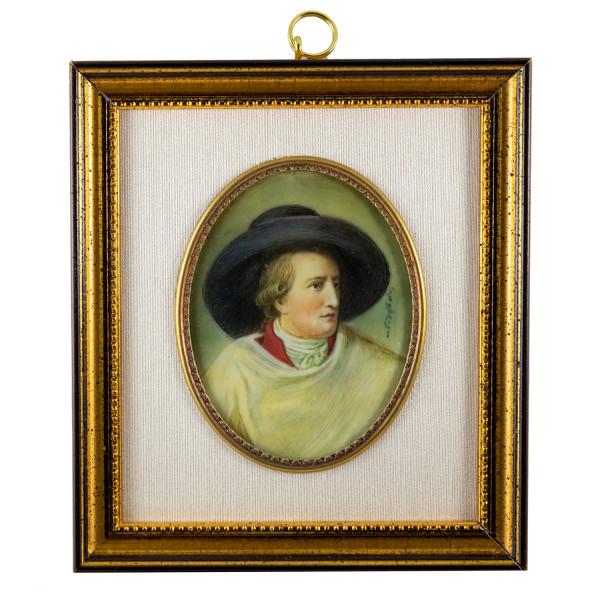 Elfenbein Miniatur mit Antiquitäten Nachweis Bildgröße 7x9cm auß.12x14cm