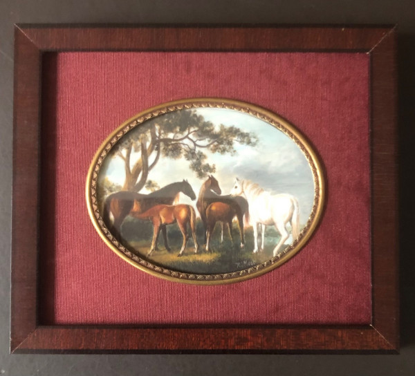 Furnier-Rahmen mit Malerei auf Mammut-Elfenbein Bildgröße 7x9 cm außen 12x14 cm
