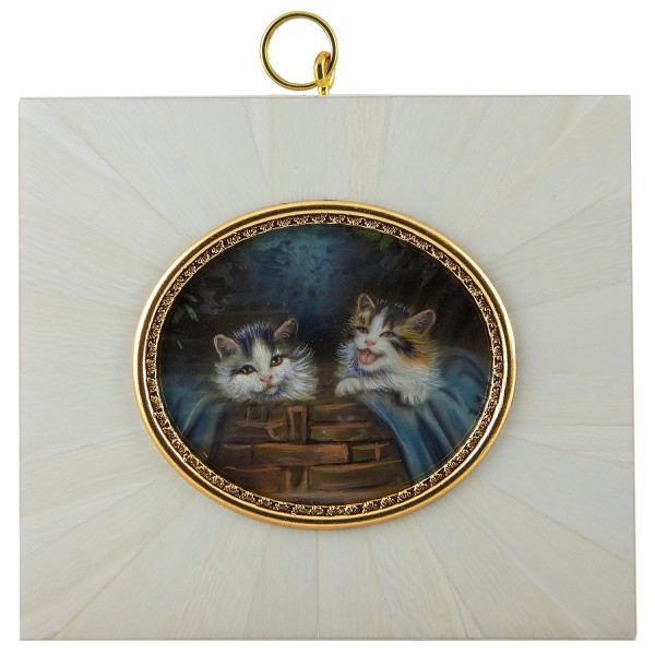 Miniatur-Rahmen mit Malerei Bildgröße 5x6 cm Katzen im Korb