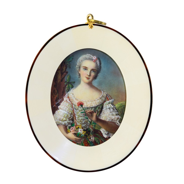 Elfenbein Miniatur mit Antiquitäten Nachweis Bildmaß 7x9 cm außen 11x12 cm