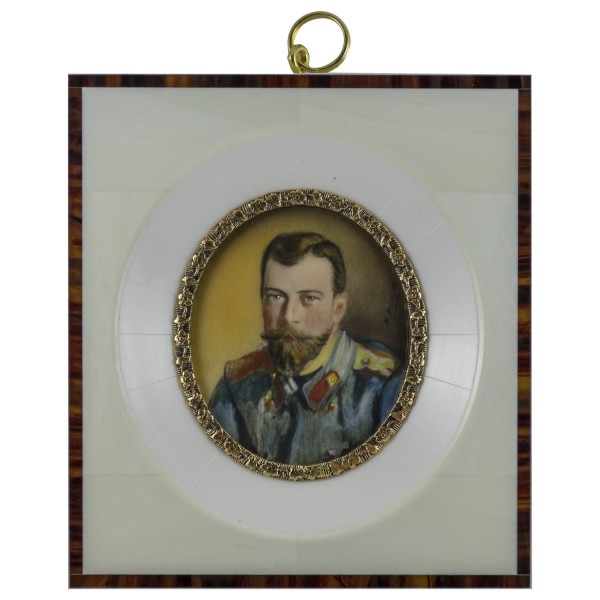 Miniatur-Rahmen mit Malerei Bildgröße 5x6 cm Außenmaß 10,5x11,5cm Zar Nikolaus II.