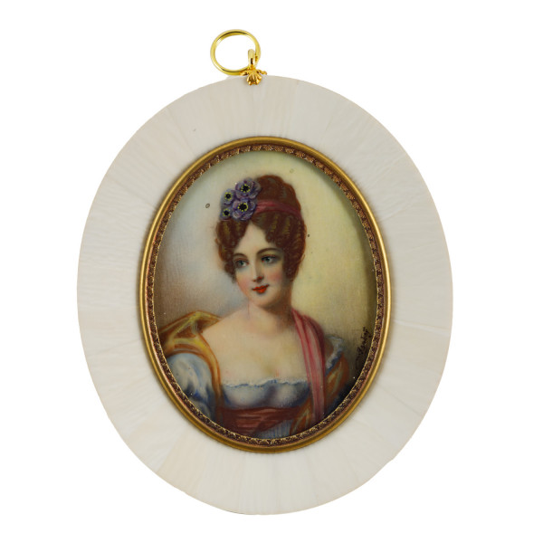 Elfenbein-Miniatur mit Antiquitäten Nachweis Bildgröße 7x9 cm außen 10,5x12,5 cm