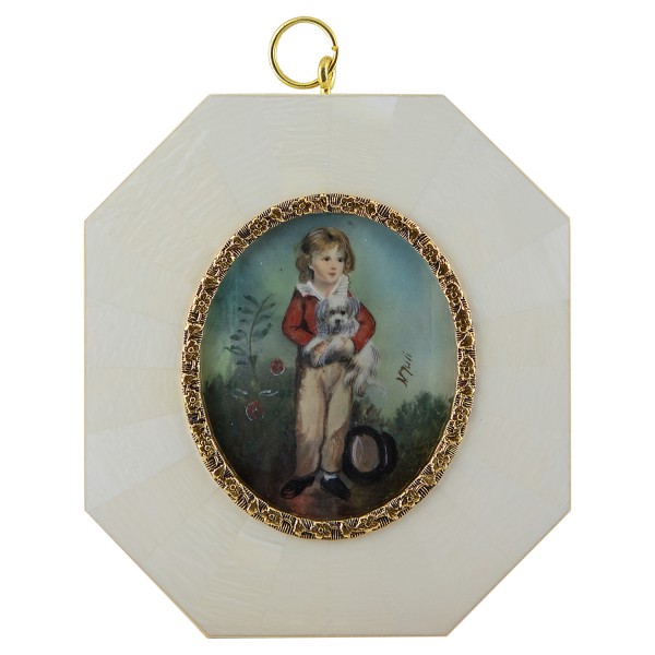 Miniatur-Rahmen mit Malerei Bildgröße 5x6 cm Junge mit Hündchen