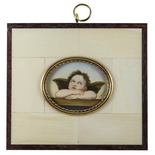 Miniatur-Rahmen mit Malerei Bildgröße 4x5 cm außen 9,5x10,5 cm Engel