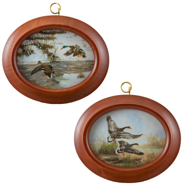 2 Miniatur-Rahmen mit Malereien Bildgröße 7x9 cm Wildgänse, -enten im Flug