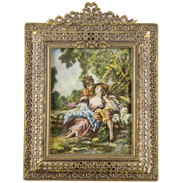 Miniatur-Rahmen mit Malerei Bildgröße 7x9cm außen 11x12 cm leicht beschädigt