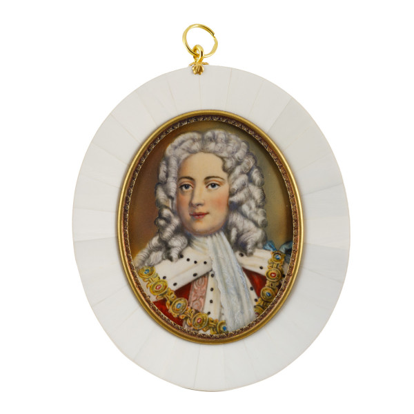 Elfenbein-Miniatur mit Antiquitäten Nachweis Bildgröße 7x9 cm außen 10,5x12,5 cm