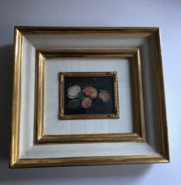 Vergolder-Rahmen mit Mammut-Elfenbein-Miniatur Bildgröße 7x9cm auß.23x21 cm
