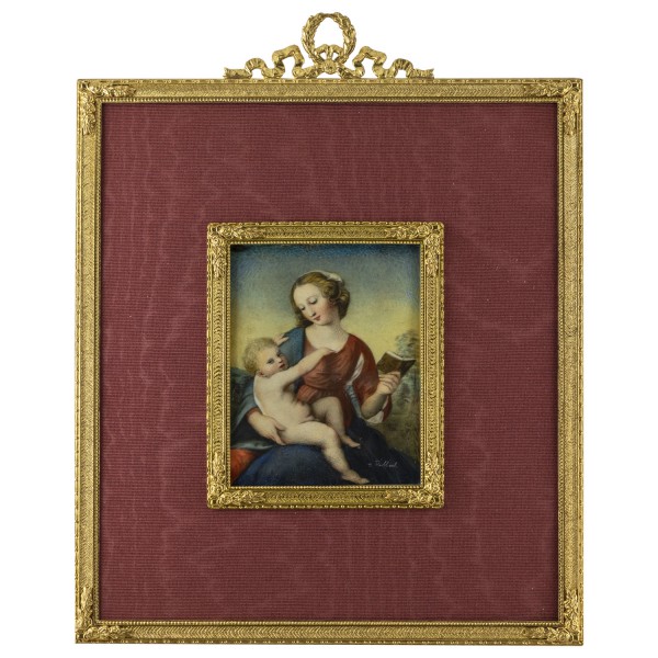 Miniatur-Rahmen mit Malerei Bildgröße 7x9 cm Außenmaß 17x22cm Madonna n. Raffael