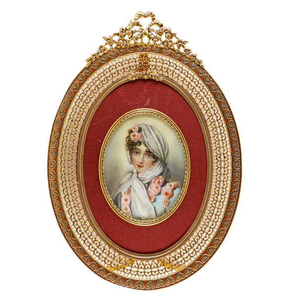 Elfenbein-Miniatur mit Antiquitäten Nachweis Bildgröße 7x9 cm außen 11x15 cm