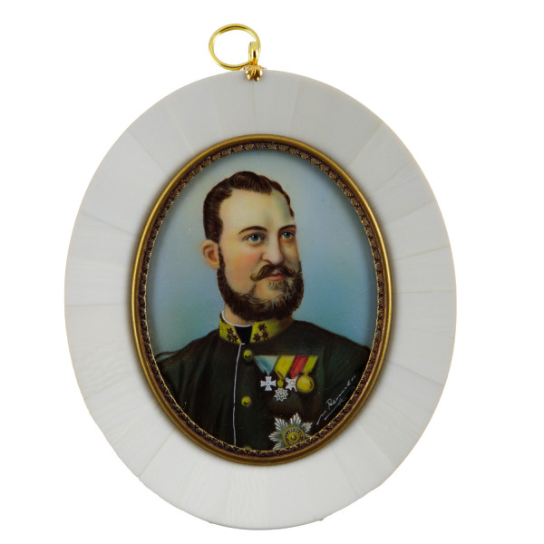 Elfenbein-Miniatur mit Antiquitäten Nachweis Bildgröße 7x9 cm außen 10,5x12,5 cm