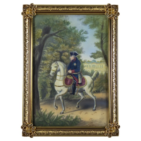 Miniatur-Rahmen mit Malerei Bildgröße 10x14 cm Friedrich der Groß zu Pferd im Schloßpark Sanssouci